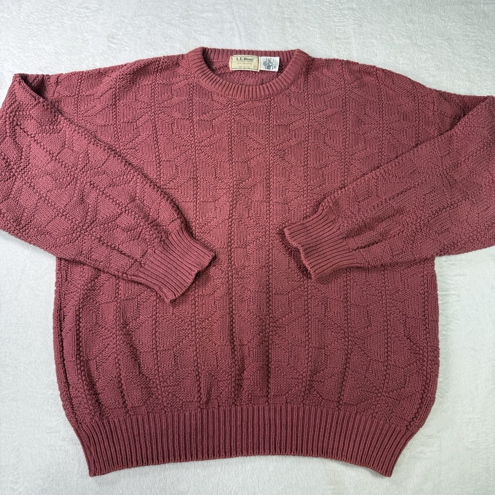 Vintage 80's L.L. Bean Sweater XL Pink 100% Cotton Knit Crewneck Geometric USA